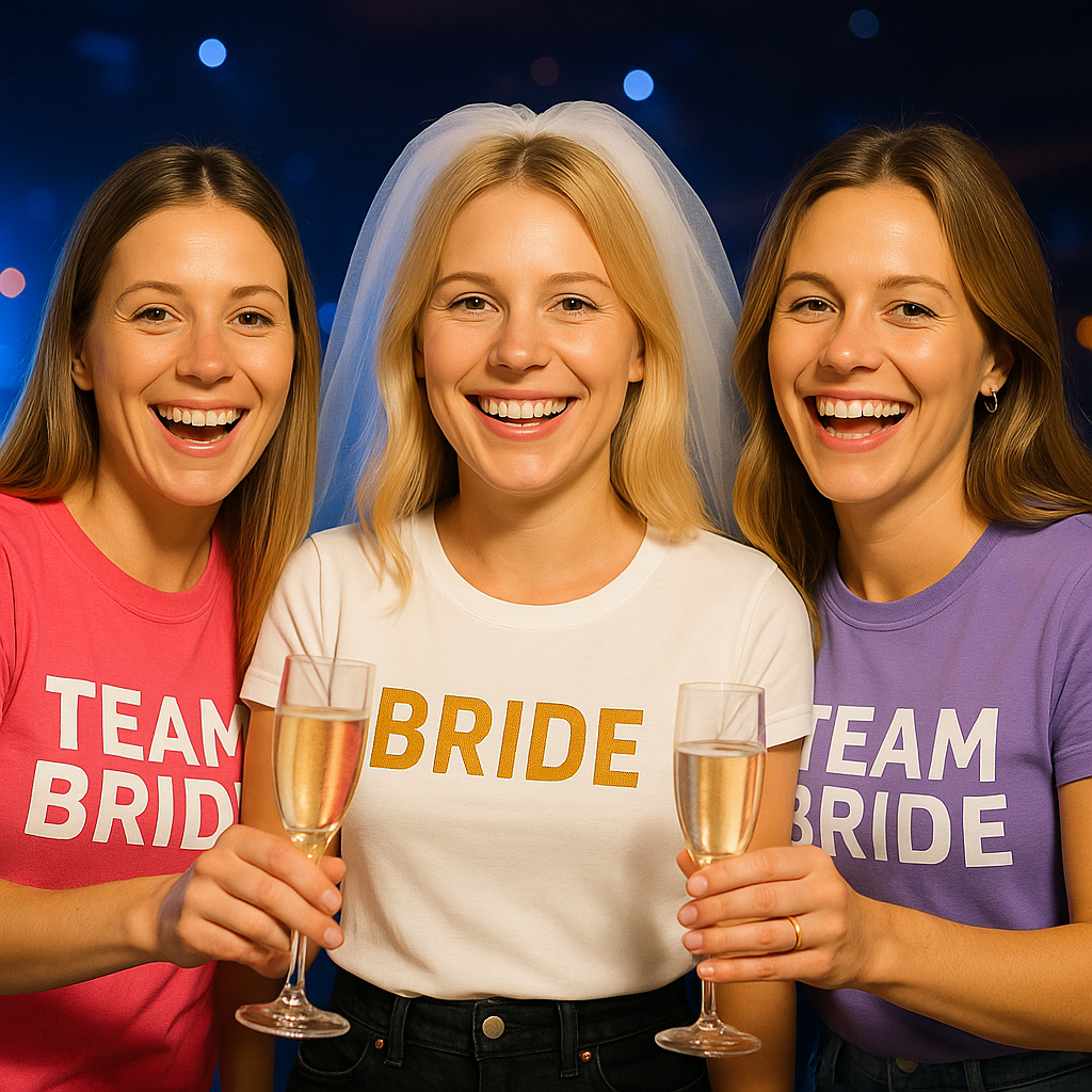 junggesellinnenabschied-bedrucktes-tshirt-dresden Ausgelassener JGA-Abend: Die zukünftige Braut feiert mit ihrer Mädelsgruppe in passenden Outfits.